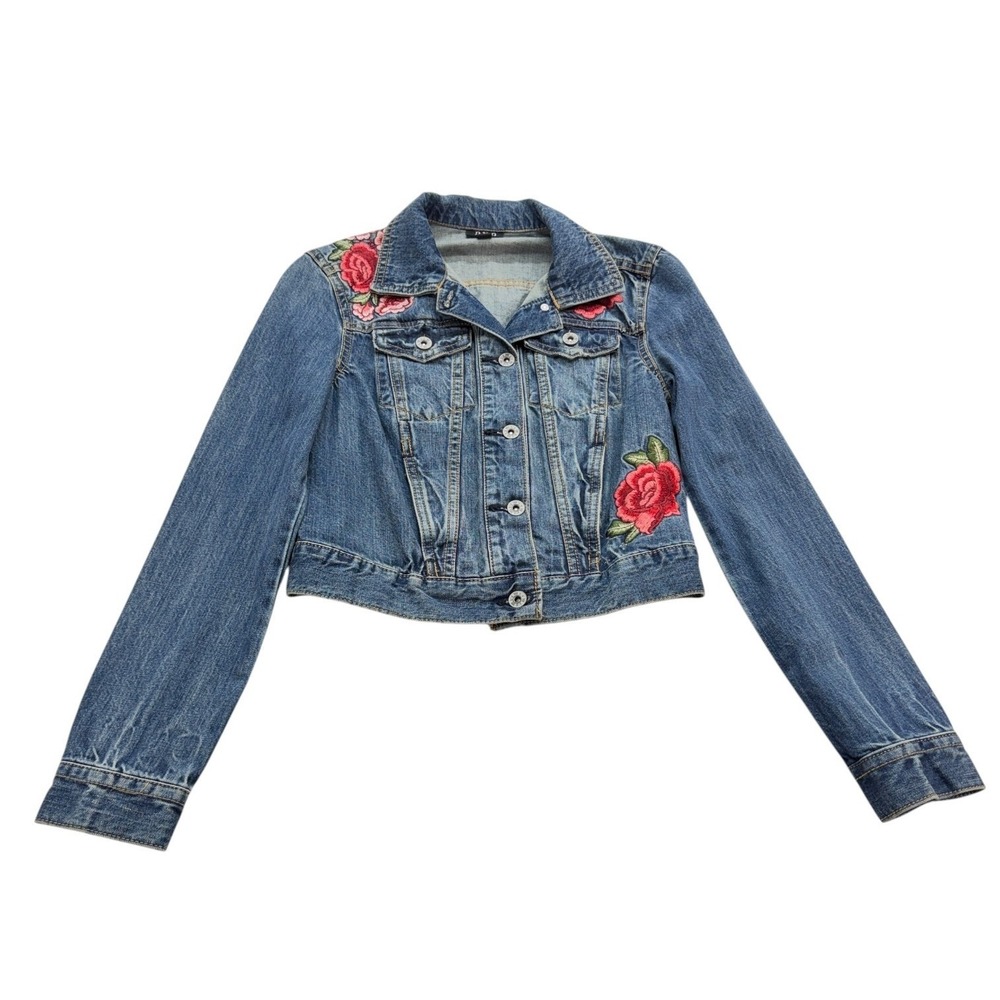 a.n.a Cropped Denim Trucker Jacket Women's XS Blue Rose Embroidered Cotton